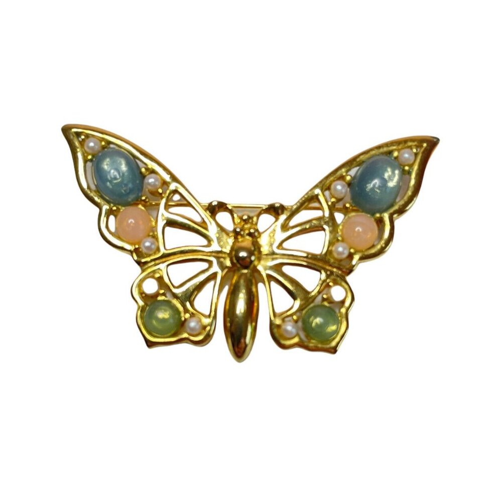 Gold Tone Butterfly Brooch Pin Faux Pearl Cabochon Pink Blue